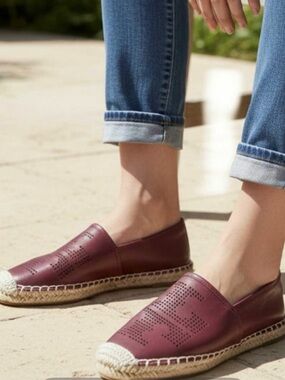 Tory Burch Burgundy Perforated Leather Espadrille Slip-Ons with Logo
